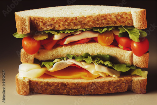 A large sandwich with , salad lettuce, tomatoes, cheese. Close-up