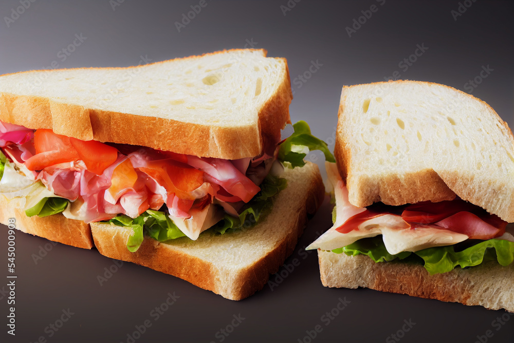 Fresh bread sandwich with salad lettuce, tomatoes, ham, Fresh bread sandwich with salad lettuce, tomatoes, ham,
