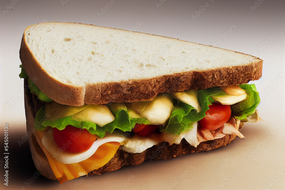 A large sandwich with cheese, ham, tomatoes, salad lettuce. Close-up