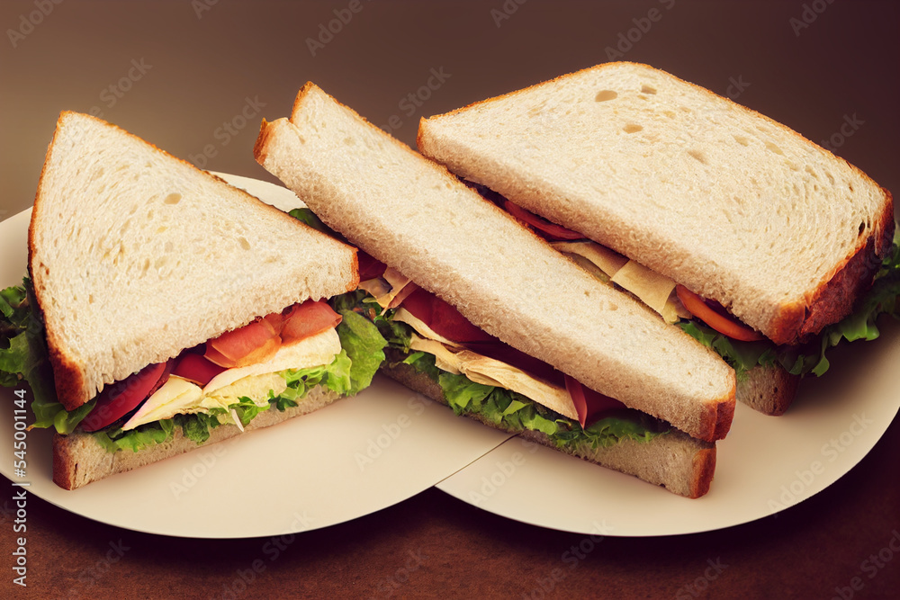 Breakfast sandwich with salad lettuce, ham, tomatoes. Close-up Breakfast sandwich with salad lettuce, ham, tomatoes. Close-up