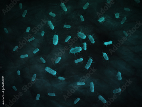 close up of 3d microscopic bacteria cells Escherichia Coli (E. Coli.) under microscope
