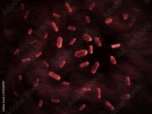 close up of 3d microscopic bacteria cells Escherichia Coli (E. Coli.) under microscope