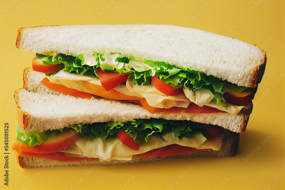 Fresh bread sandwich with salad lettuce, tomatoes, cheese Fresh bread sandwich with salad lettuce, tomatoes, cheese