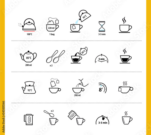 Set of methods of brewing tea. Preparation instructions. Vector elements for infographics. Set of sign for detailed guideline. Ready for your design.	