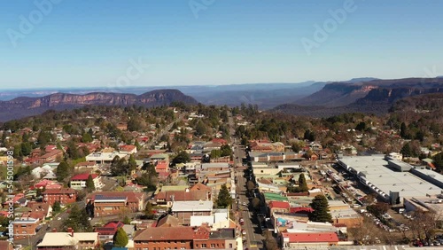 Katoomba town in Australian Blue Mountains – aerial flying to Echo point 4k.
 photo
