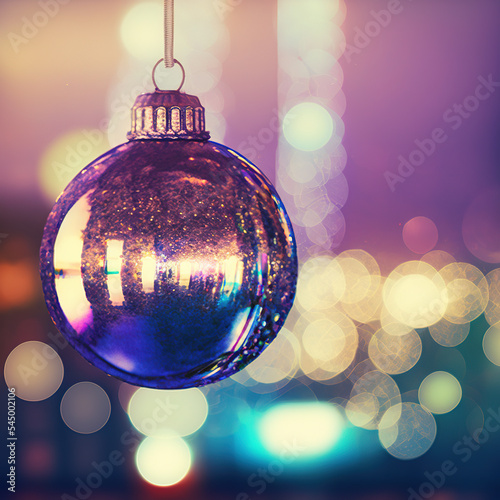 Christmas bauble hanging in front of the bokeh from distant fairy lights