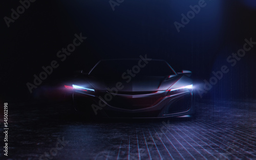 Futuristic car in cinematic dark tech environment (3D Illustration)