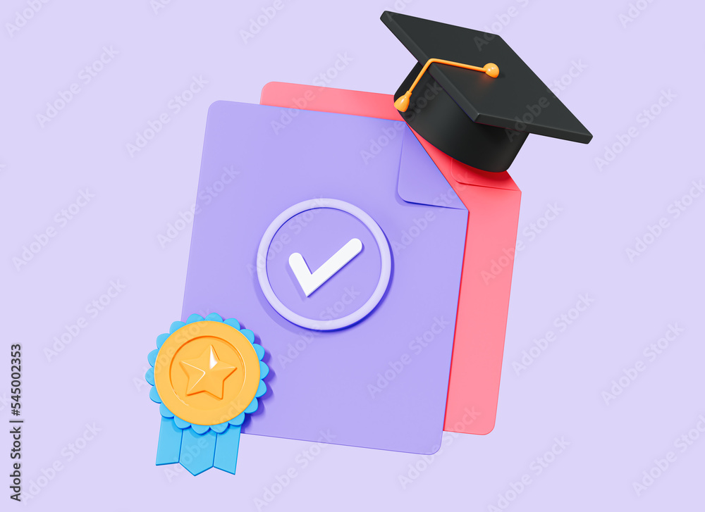 3D Diploma document with graduation hat and award ribbon. Paper with check mark. Certificate and
