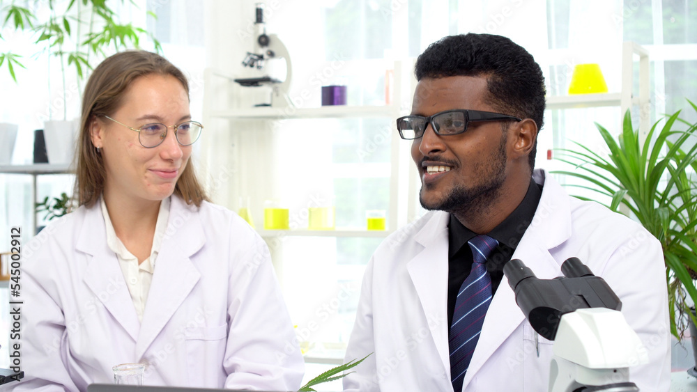 Joyful two research science co-workers discussion together in lab. Scientist black young man talking about research with collaboration caucasian woman wear eye glasses sitting together at laboratory. Joyful two research science co-workers discussion together in lab. Scientist black young man talking about research with collaboration caucasian woman wear eye glasses sitting together at laboratory.