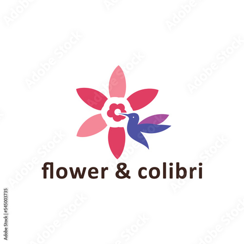 icon of flying colibri and flower isolated on white background