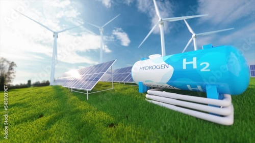 Green Hydrogen renewable energy production pipeline - green hydrogen gas for clean electricity solar and windturbine facility