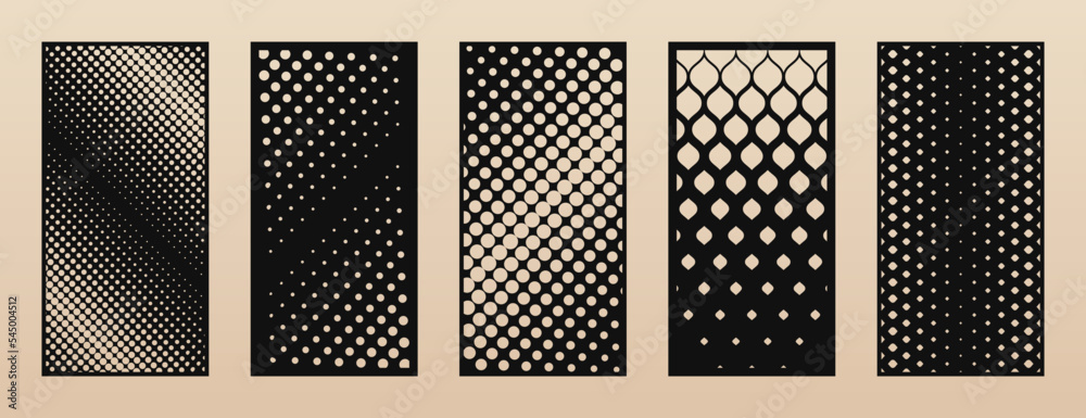 Laser cut panels. Trendy collection of abstract geometric patterns with circles, halftone dots, grid, gradient transition. Decorative stencil for laser cutting of wood, metal, paper. Aspect ratio 1:2