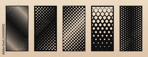 Laser cut panels. Trendy collection of abstract geometric patterns with circles, halftone dots, grid, gradient transition. Decorative stencil for laser cutting of wood, metal, paper. Aspect ratio 1:2