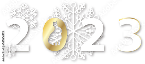 Happy New Year 2023. Card with rabbit and snowflakes