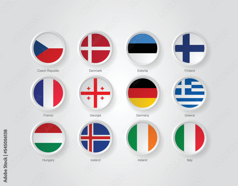 3D embossed and circular design flag icons for European countries. Vector illustration. 3D embossed and circular design flag icons for European countries. Vector illustration.