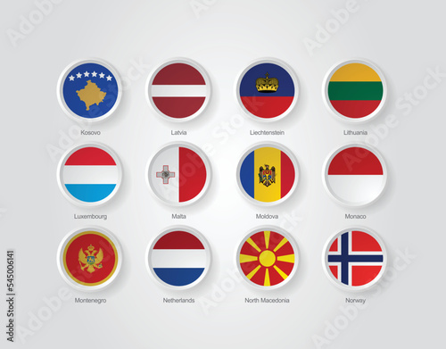 3D embossed and circular design flag icons for European countries. Vector illustration.