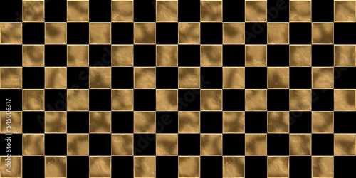 Seamless golden checker or chessboard square pattern. Vintage abstract gold plated relief on dark black background. Modern elegant metallic luxury backdrop. Maximalist gilded wallpaper 3D rendering.