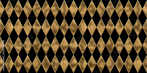 Seamless golden diamond harlequin checker pattern. Vintage abstract gold plated relief sculpture on black background. Modern elegant metallic luxury backdrop. Maximalist gilded wallpaper 3D rendering. photo