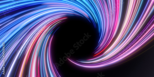 Sci Fy neon multicolored rays in spiral. Reflections on the floor and walls. 3d rendering image.