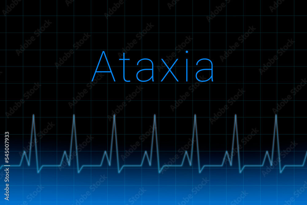 Ataxia disease. Ataxia logo on a dark background. Heartbeat line as a symbol of human disease. Concept Medication for disease Ataxia. Ataxia disease. Ataxia logo on a dark background. Heartbeat line as a symbol of human disease. Concept Medication for disease Ataxia.