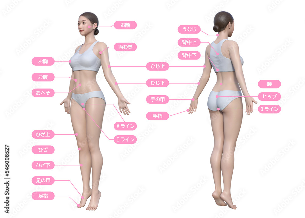 女性が気になる全身脱毛の施術部位のイラスト ナチュラルで可愛い日本人3Dモデルの全身ななめ正面と後ろ姿のセット
