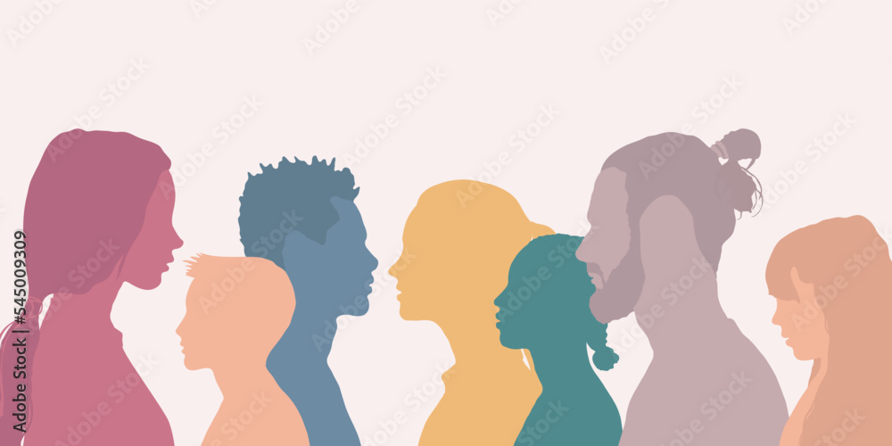 Group of multi-ethnic people. International education concept. Students and schoolchildren. Human profile silhouette.