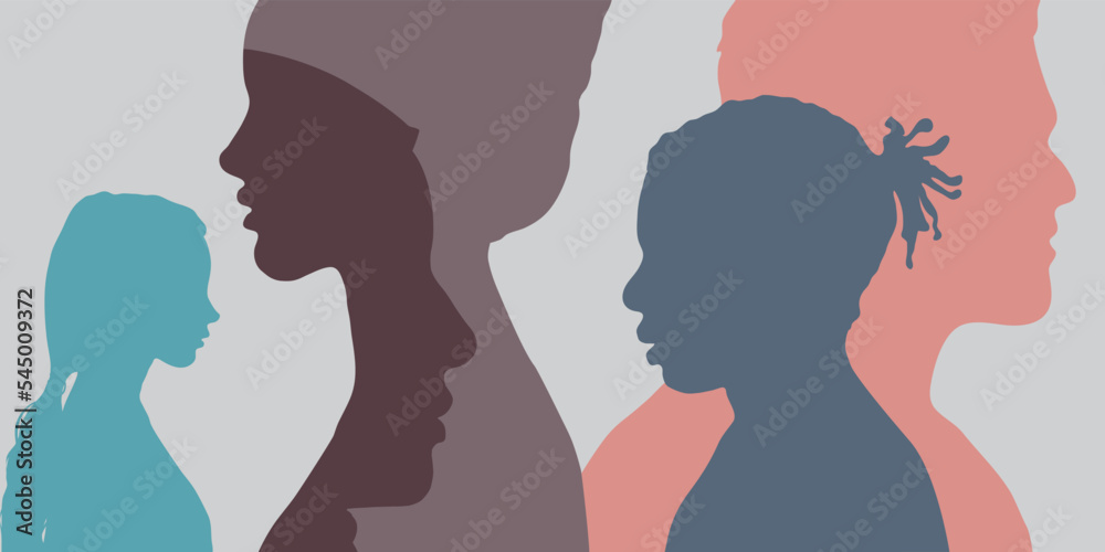 Silhouette profile of multiethnic people. Empowerment, racial equality concept	.