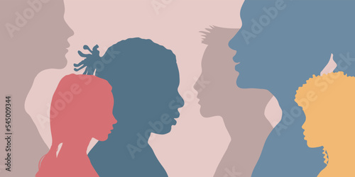 Family environment, multi-ethnic people, mental development of child and teenager. People profile silhouette.	