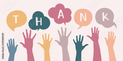 Raised hands of multiethnic people and speech bubbles with text Thank. Racial equality, communication, cooperation and support.	