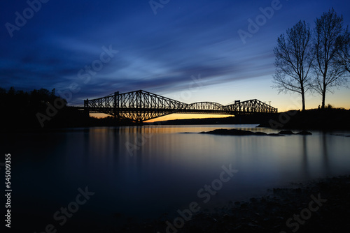Quebec bridge at sunset, long exposure, from the Saint-Romuald Marina, Lévis, Quebec, Canada