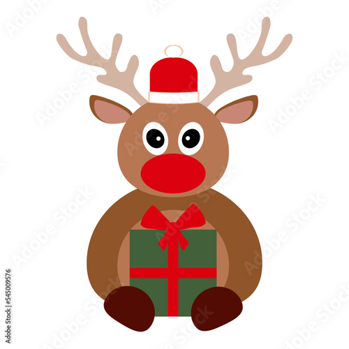 Simple flat brown deer with big red nose christmas hat and green gift box