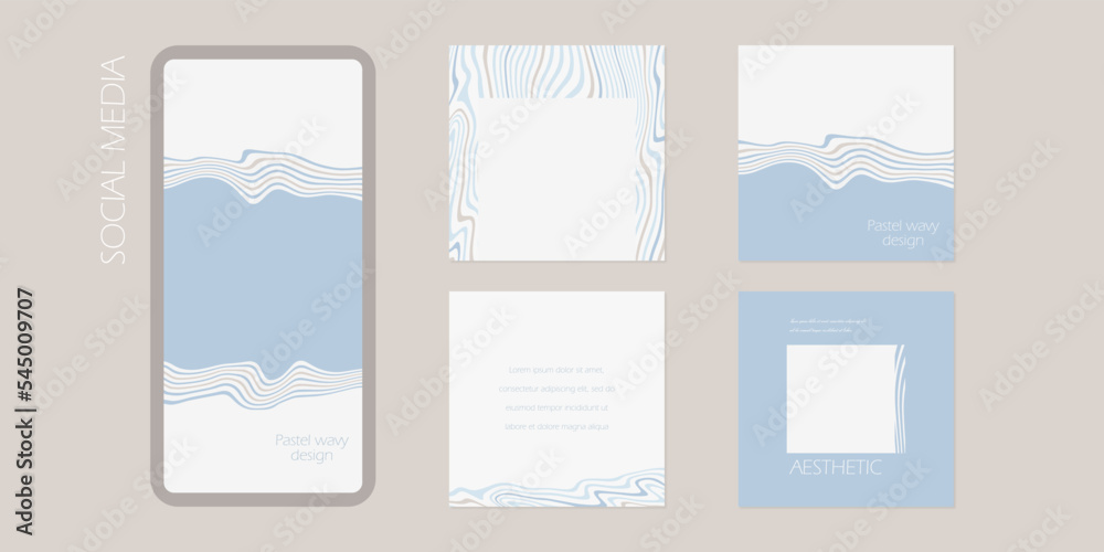 Social media post templates in pastel light-blue for travel, beauty, cosmetics, fashion content.	