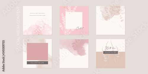 Set of watercolor social media post layouts for beauty, cosmetics, wedding, jewelry, makeup, skincare.	