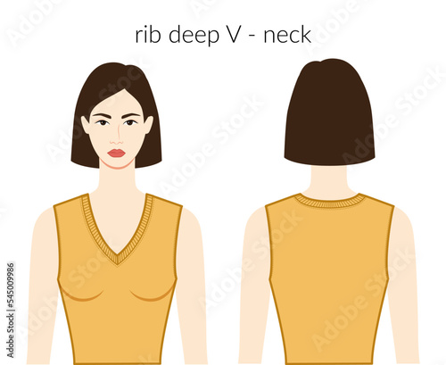 Rib deep V - neckline clothes knits, sweaters character beautiful lady in ochre technical fashion illustration with fitted body. Flat apparel template front, back sides. Women, men unisex CAD mockup