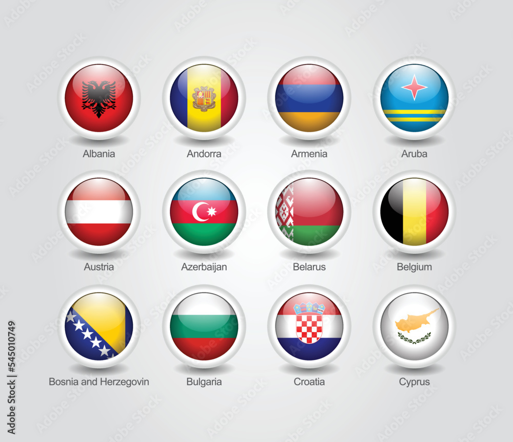 Fototapeta premium 3D glossy and round design flag icons for Europe countries. Vector illustration.