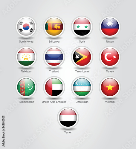 3D glossy and round design flag icons for Asian countries. Vector illustration.