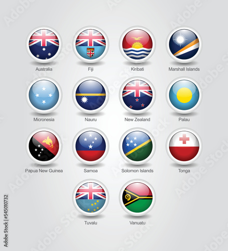 3D glossy and round design flag icons for Australia and Oceania countries. Vector illustration.