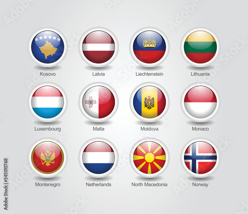 3D glossy and round design flag icons for Europe countries. Vector illustration.