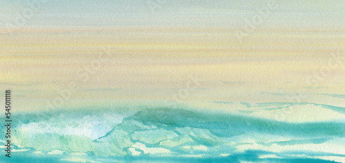 Watercolor landscape with dawn sky and sea.