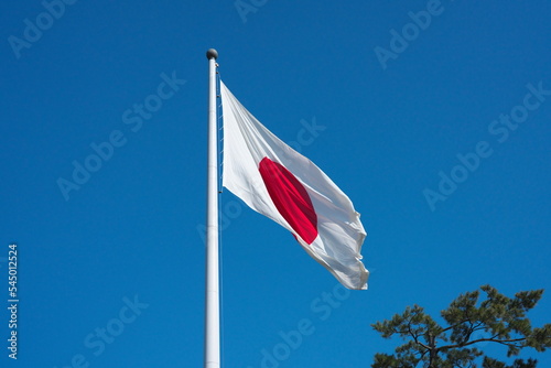 Shimane,Japan - November 8, 2022: National flag of Japan on autumn blue sky background 