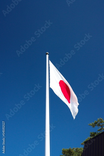 Shimane,Japan - November 8, 2022: National flag of Japan on autumn blue sky background 