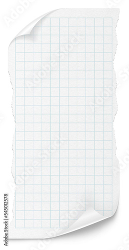 Checkered paper on a transparent background. White note pad paper.