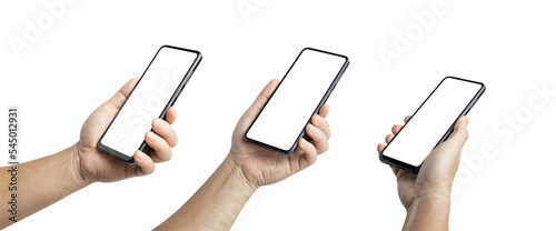 A set, group of male hand hold a smartphone with blank screen isolated on transparent background..