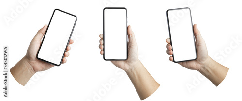 A set, group of male hand hold a smartphone with blank screen isolated on transparent background..