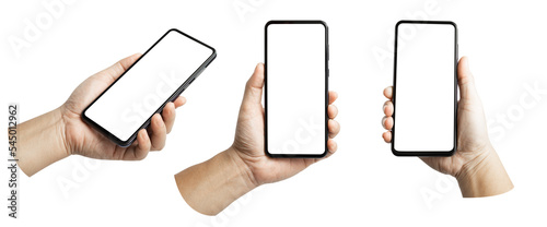 A set, group of male hand hold a smartphone with blank screen isolated on transparent background..