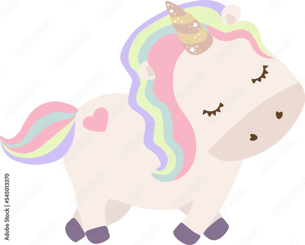 Cute unicorn with rainbow hair. Vector white unicorn kids cartoon illustration. Little pony character/ magic horse print design