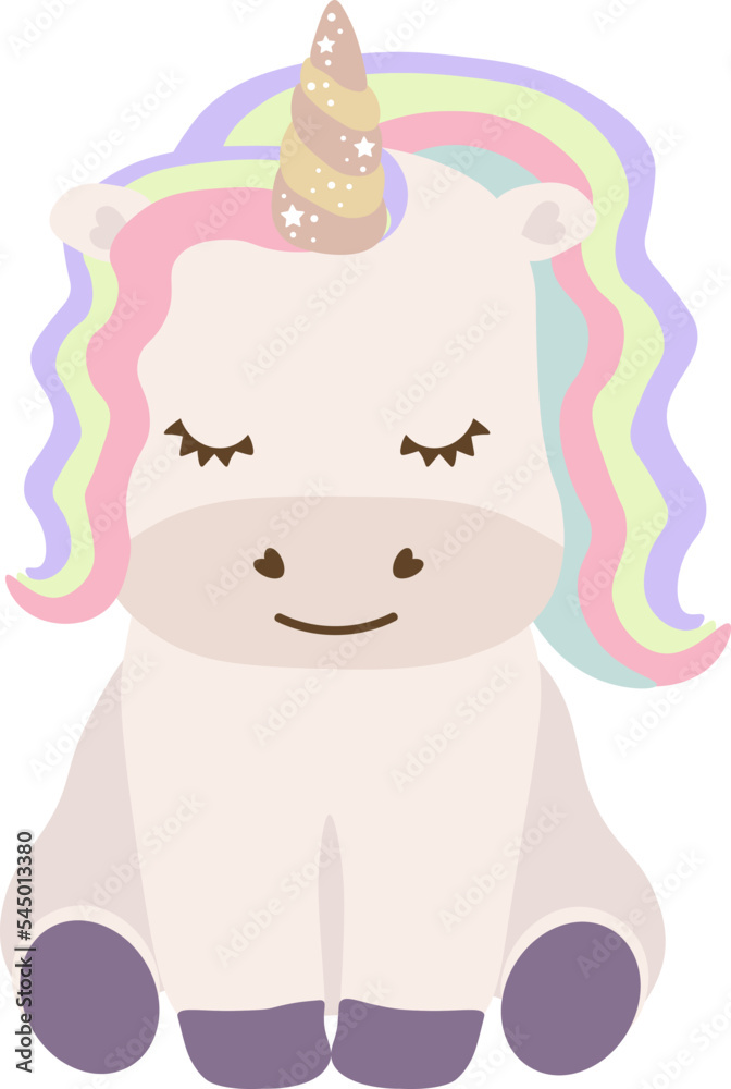 Cute unicorn with rainbow hair. Vector white unicorn kids cartoon illustration. Little pony character/ magic horse print design Cute unicorn with rainbow hair. Vector white unicorn kids cartoon illustration. Little pony character/ magic horse print design