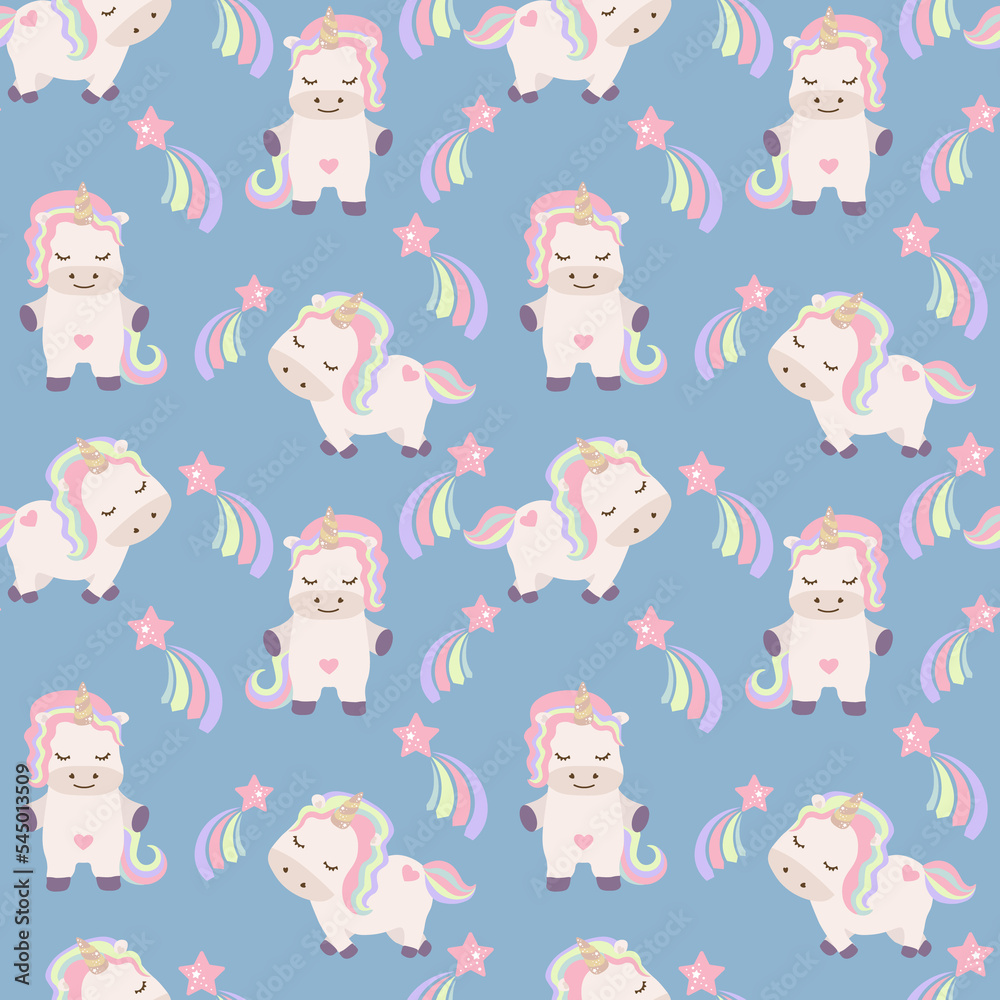 Cute unicorns, and pink background decoration. Seamless repeating pattern texture background design for fashion fabrics, textile graphics, prints etc