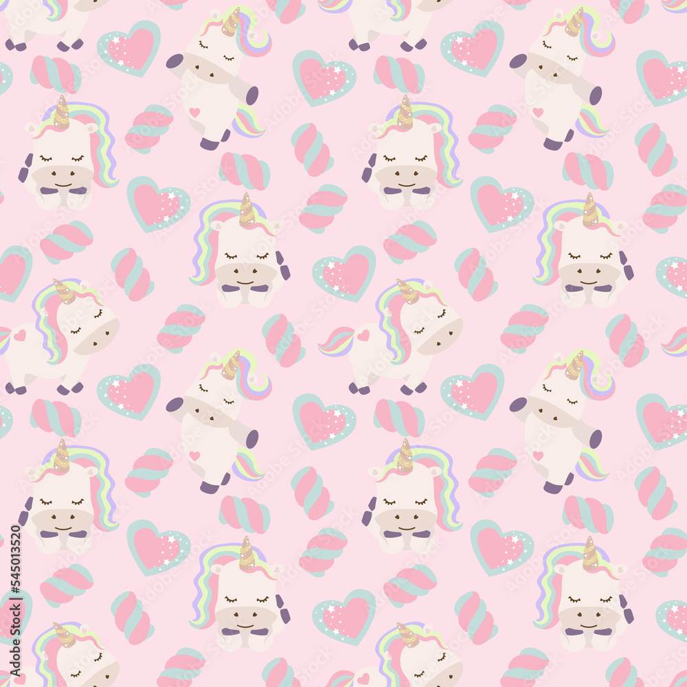 Cute unicorns, and pink background decoration. Seamless repeating pattern texture background design for fashion fabrics, textile graphics, prints etc