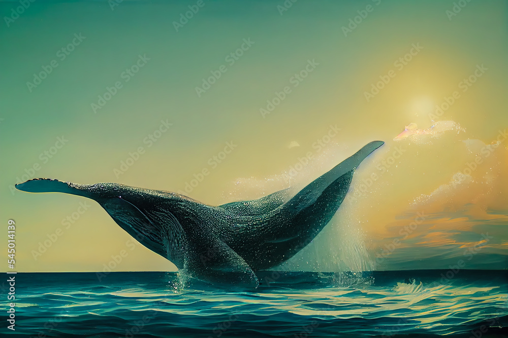 Scenic illustration of tail of a whale in tropical waters. Wild marine ...